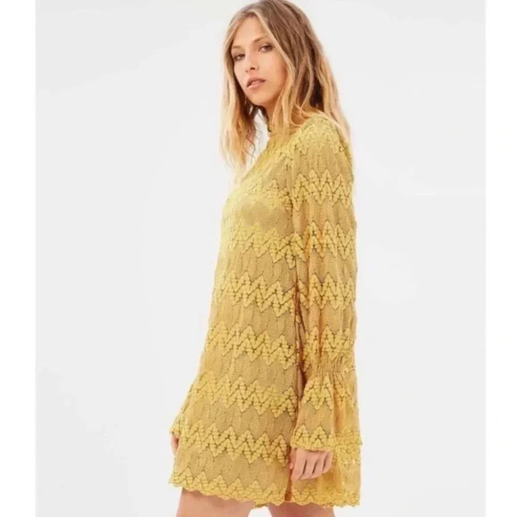 Free People Simone Mock Neck Lace Flared Long Sleeves Mini Dress Yellow Size S - Picture 2 of 13